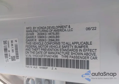 2022 Honda Accord Sport 2.0T из США, поврежденный, VIN 1HGCV2F37NA014086